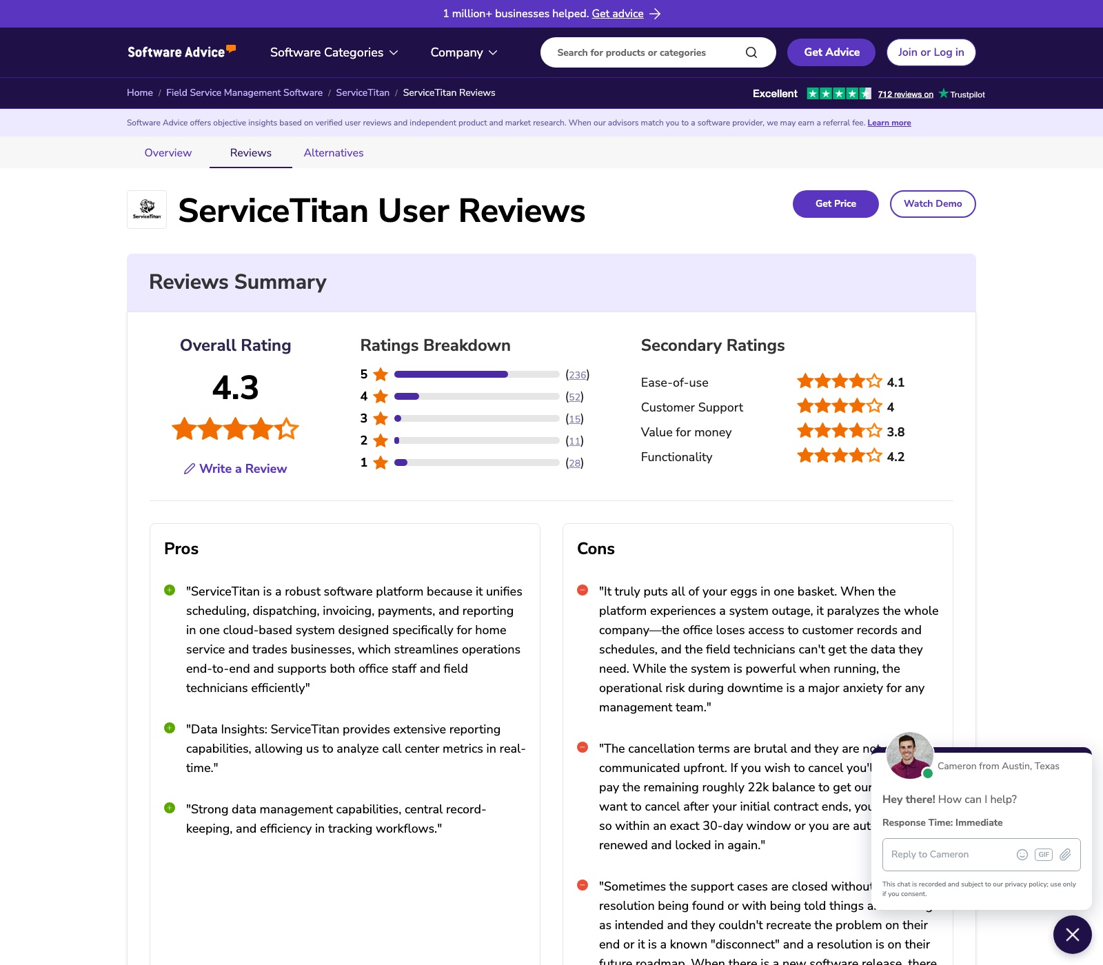 Software Advice ServiceTitan reviews page showing a 4.3 overall rating across 342 reviews with value for money at 3.8