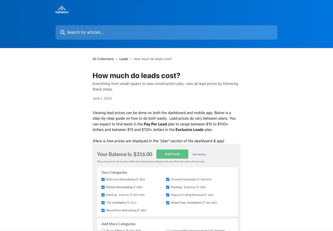 Networx help center article on how much leads cost