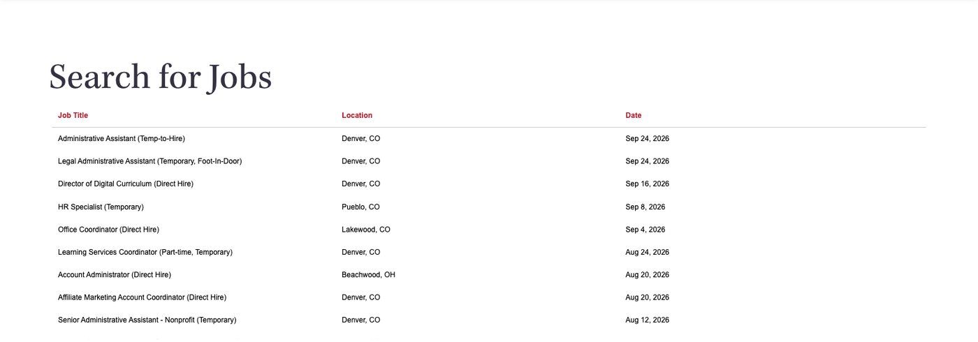J. Kent Staffing search for jobs page showing a plain three-column table of nine jobs injected by the Avionte careers widget