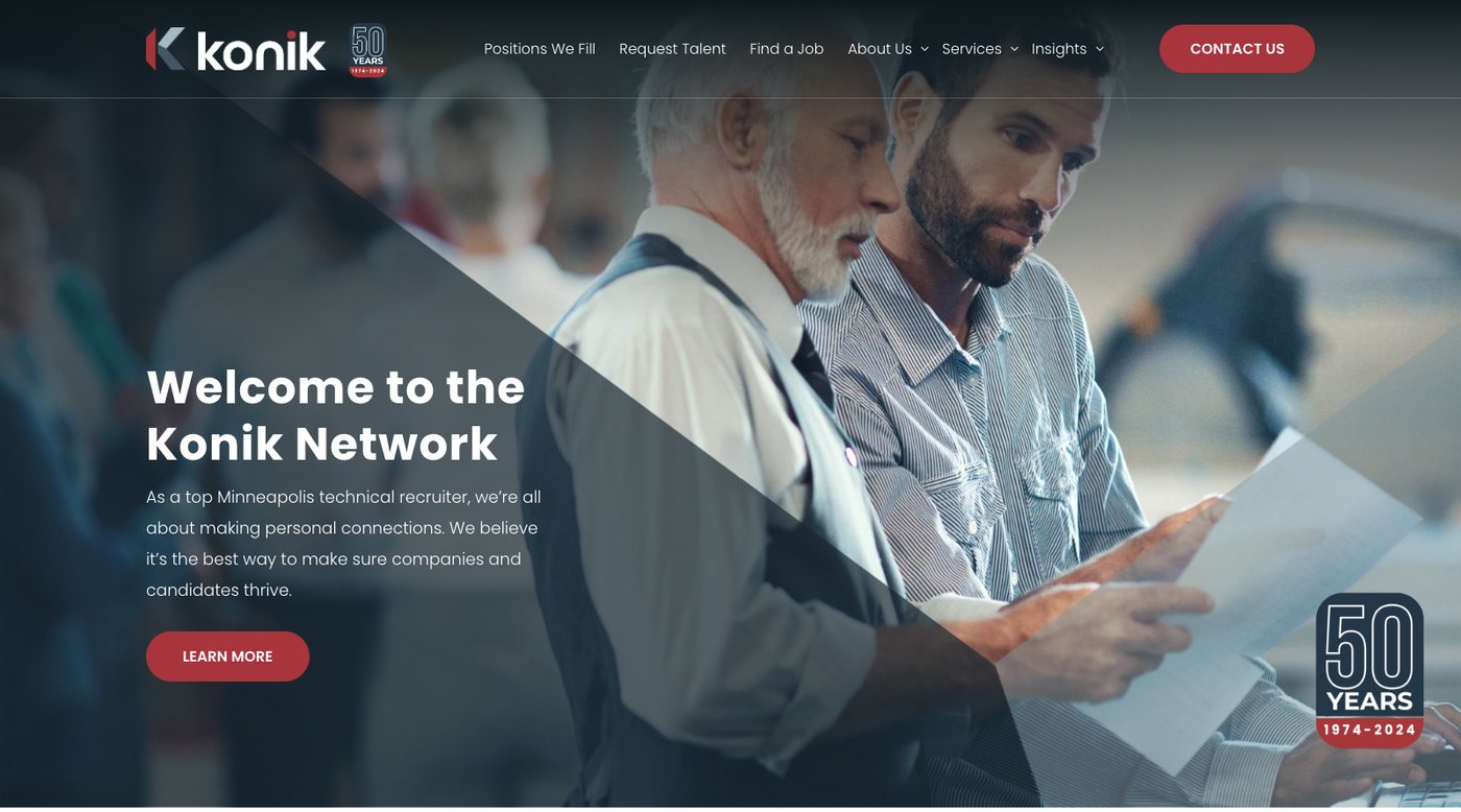 Konik homepage with the headline Welcome to the Konik Network, a paragraph about Minneapolis technical recruiting, a single Learn More button and a 50 Years badge