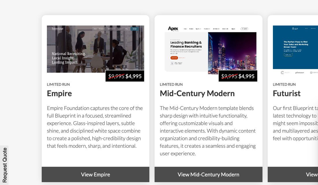 Recruiters Websites Blueprints page showing template designs priced at $9,995 struck through to $4,995 with a Limited Run label