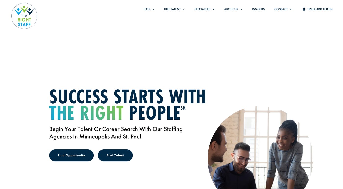 The Right Staff homepage with the headline Success Starts With The Right People, buttons reading Find Opportunity and Find Talent, and a slide-in circle promoting Minnesota PFML leave coverage