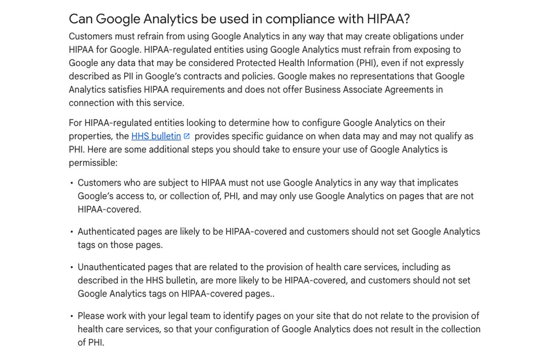 Google Analytics help page section titled Can Google Analytics be used in compliance with HIPAA, stating Google does not offer Business Associate Agreements for the service