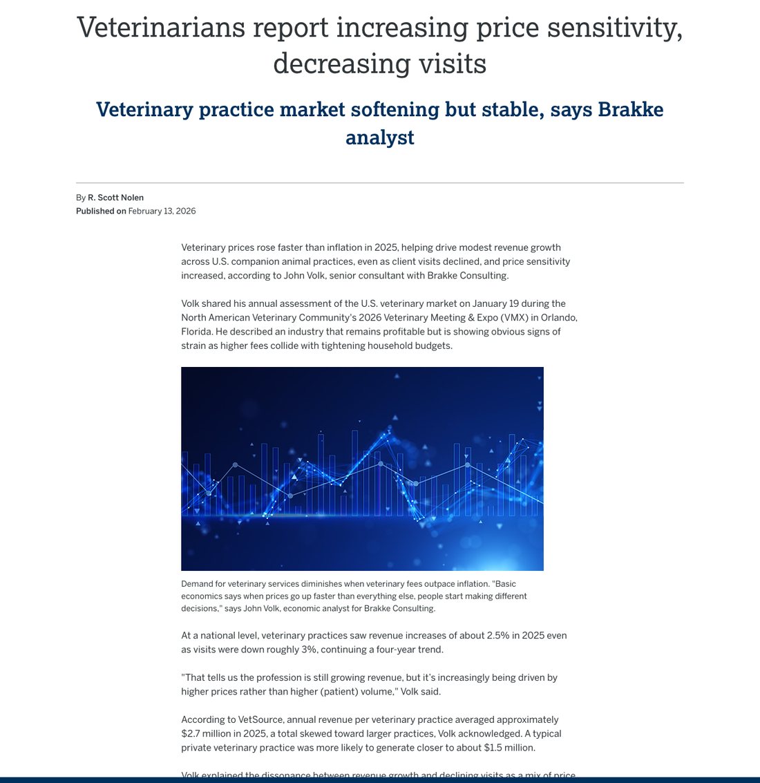 AVMA News article headline Veterinarians report increasing price sensitivity, decreasing visits, with the subhead Veterinary practice market softening but stable, says Brakke analyst, published February 13, 2026