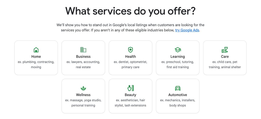 Google Local Services Ads page listing eligible service categories including Care, with examples child care, pet training and animal shelter