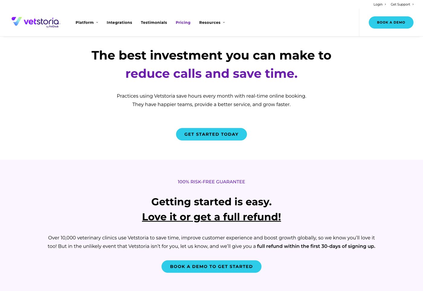 Vetstoria pricing page as seen from the United States, showing a headline about reducing calls, a full refund guarantee and a demo button, with no price table