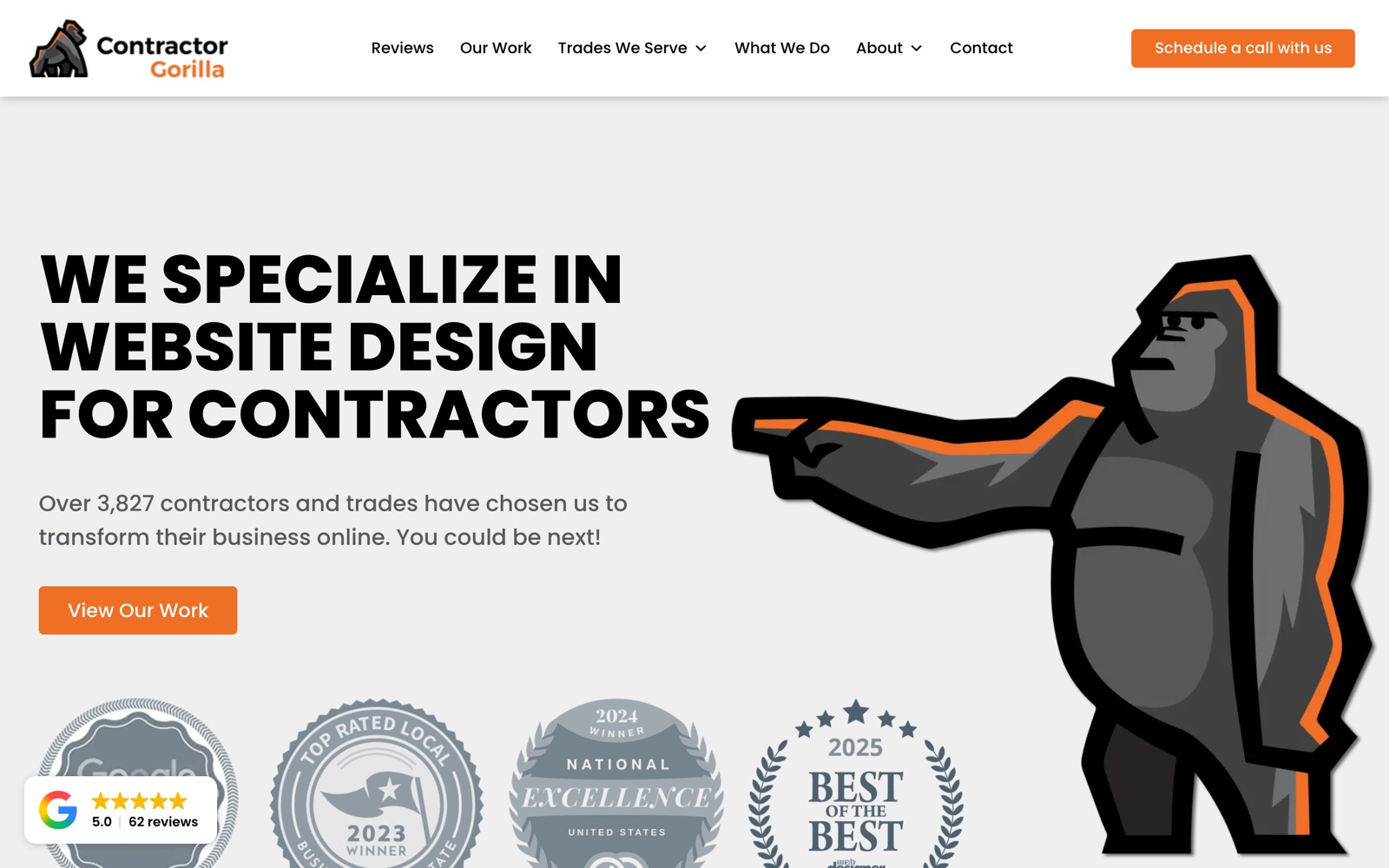 Contractor Gorilla homepage: we specialize in website design for contractors, over 3,827 contractors served, 5.0 across 62 Google reviews