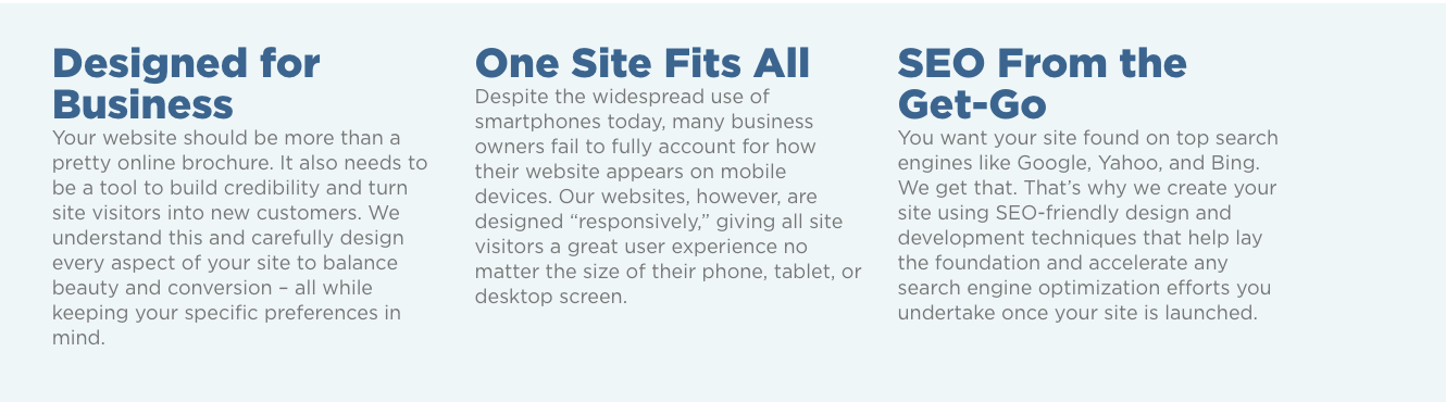 Three columns from the Hearst DMS website design page headed Designed for Business, One Site Fits All, and SEO From the Get-Go