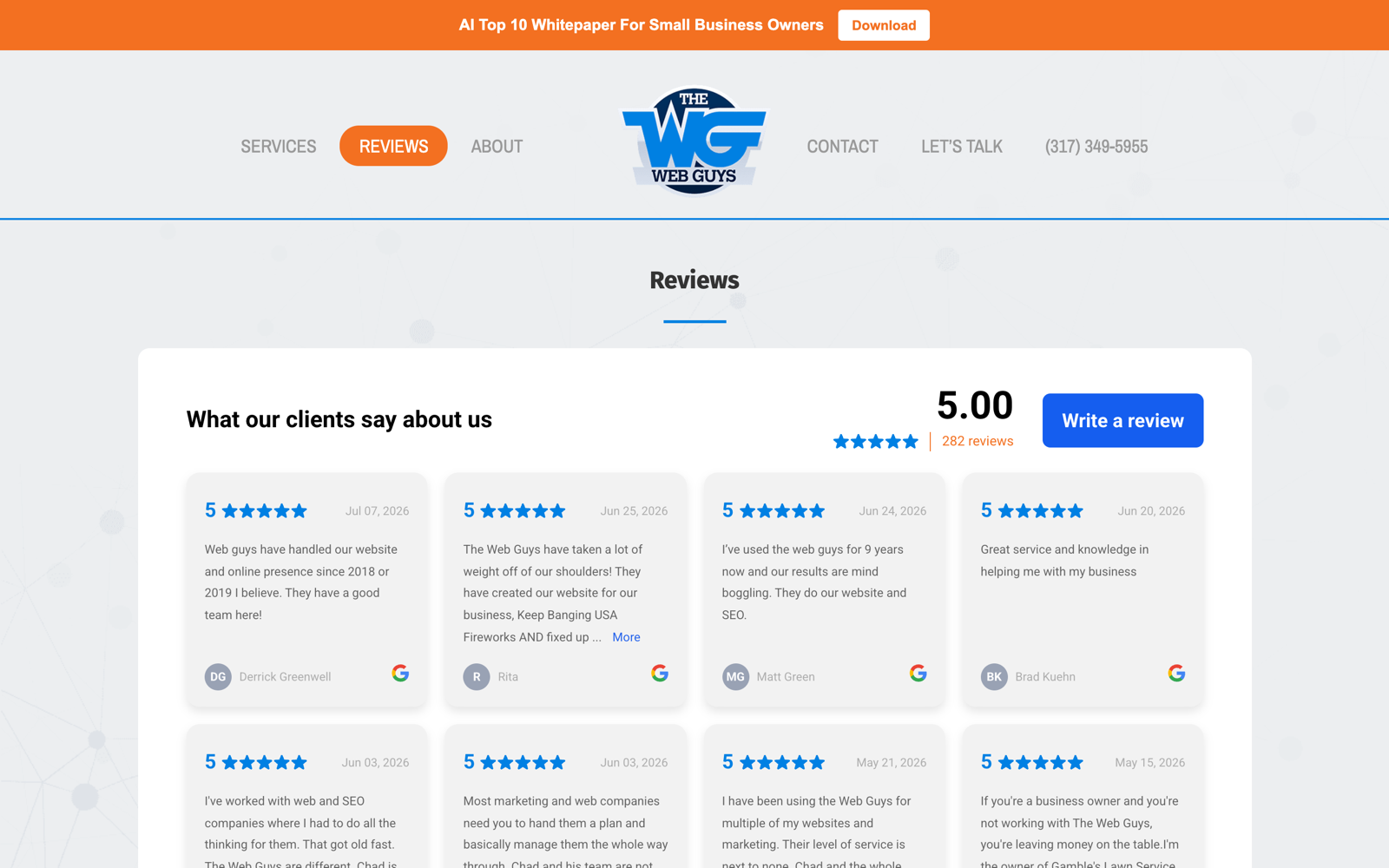 The Web Guys reviews page showing 282 Google reviews at a 5.00 average, including lawn care and multi-site business owners