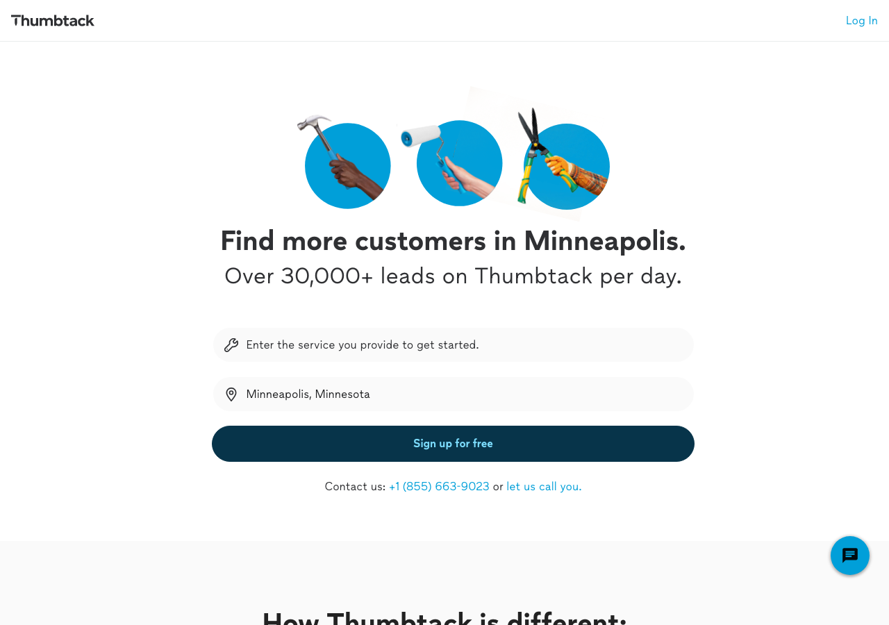 Thumbtack pro signup page reading Find more customers in Minneapolis, over 30,000 leads per day, with a Sign up for free button