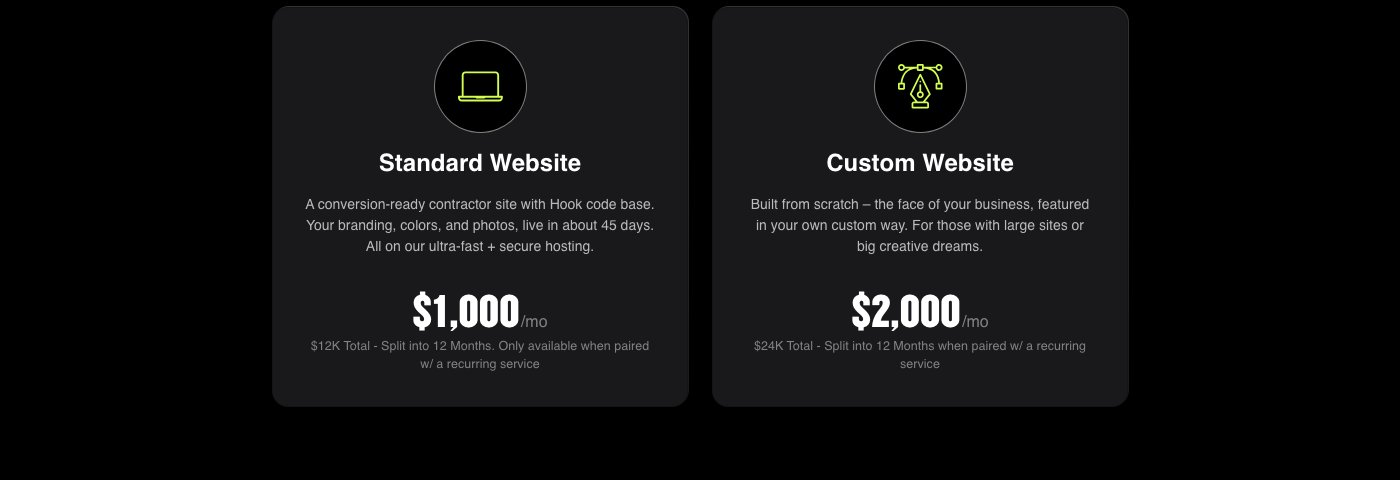 Hook Agency pricing page with the standard website at $12,000 and custom website at $24,000
