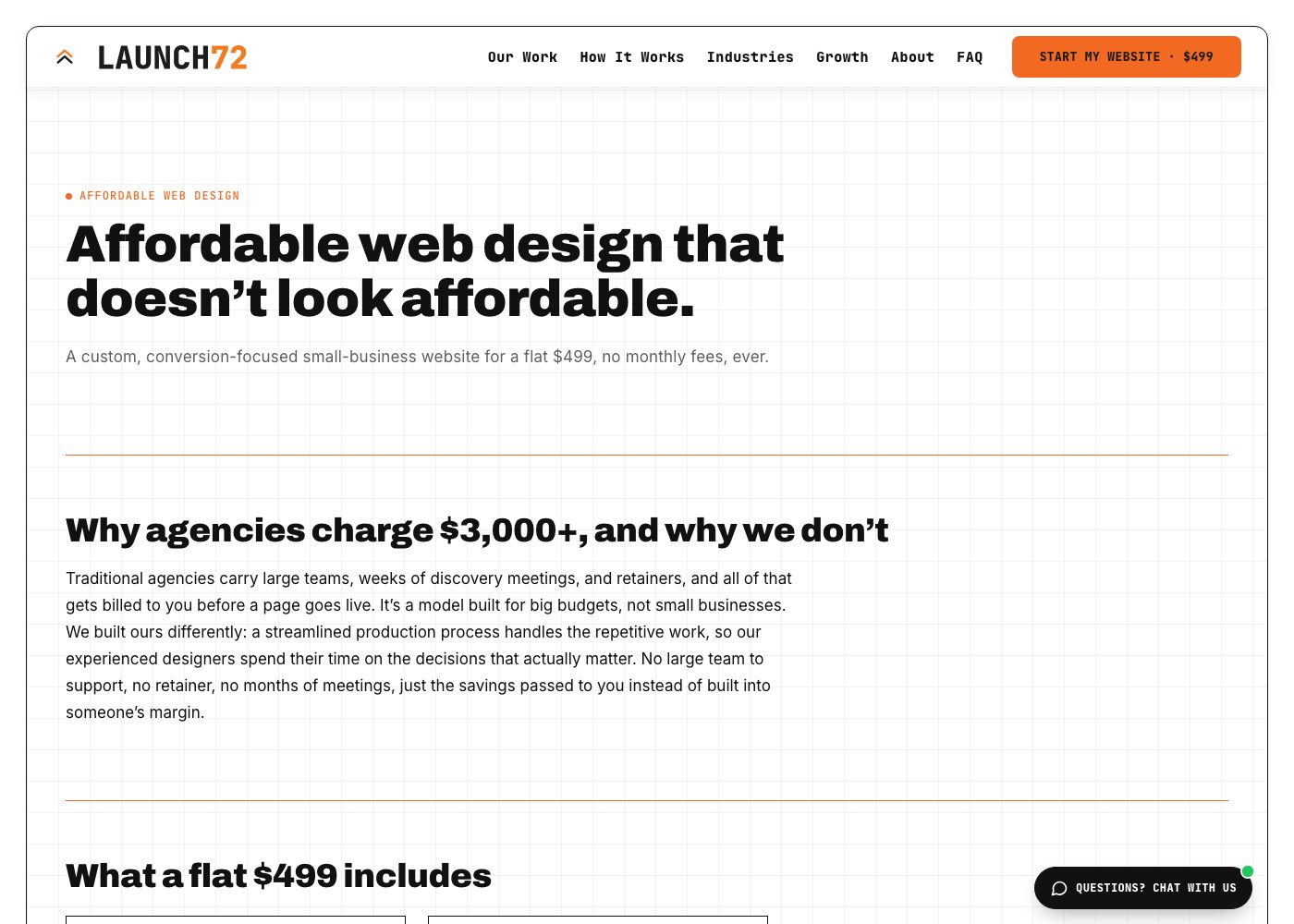 Launch72 affordable web design page: a custom small-business website for a flat $499 with no monthly fees