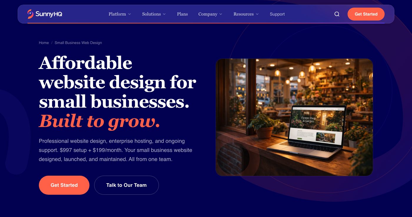 Sunny HQ small business web design page showing $997 setup plus $199 a month for a managed WordPress site