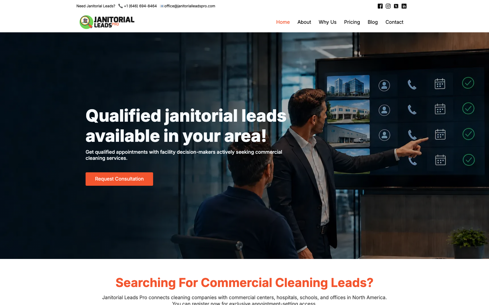 Janitorial Leads Pro homepage offering qualified janitorial appointments with facility decision-makers, set by telemarketing and social media
