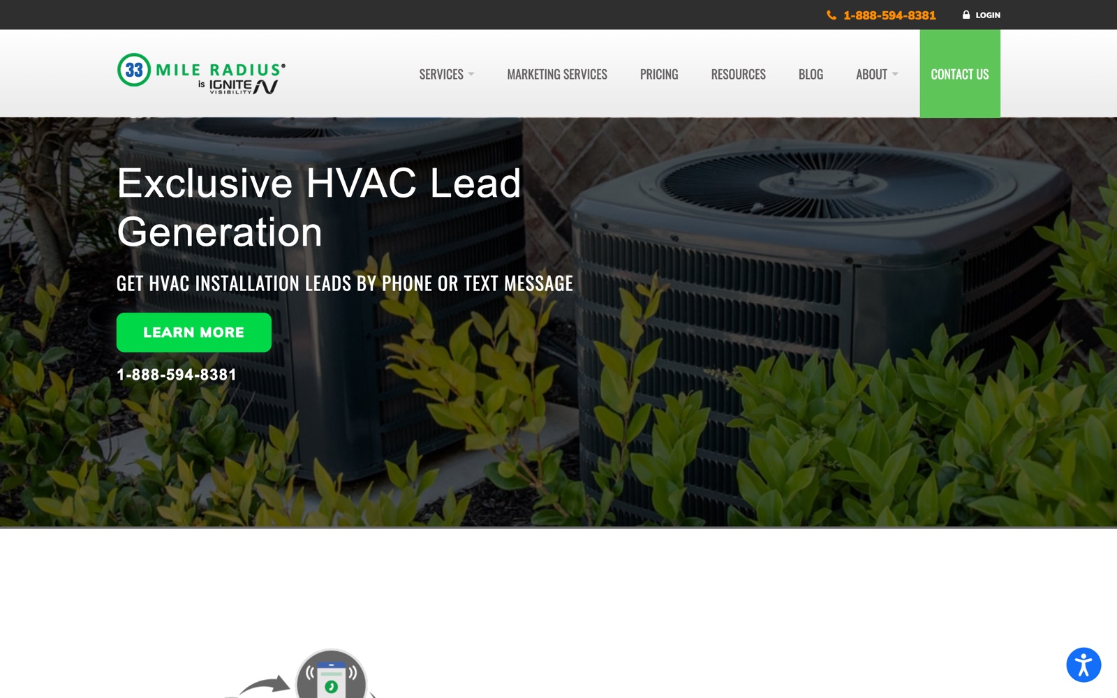 33 Mile Radius exclusive HVAC lead generation page offering installation leads by phone or text message