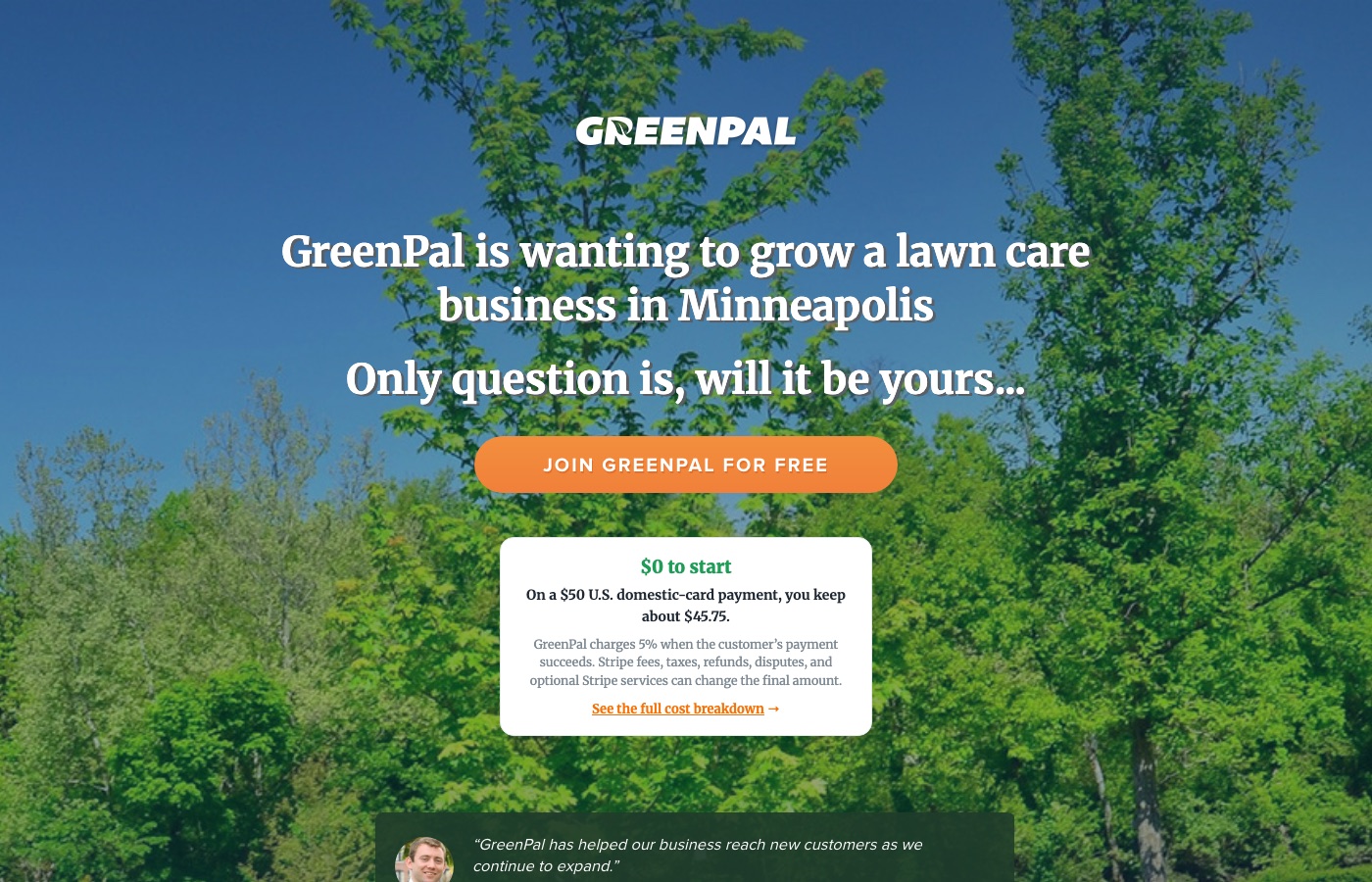 GreenPal vendor signup page showing $0 to start and the 5 percent fee on a $50 payment