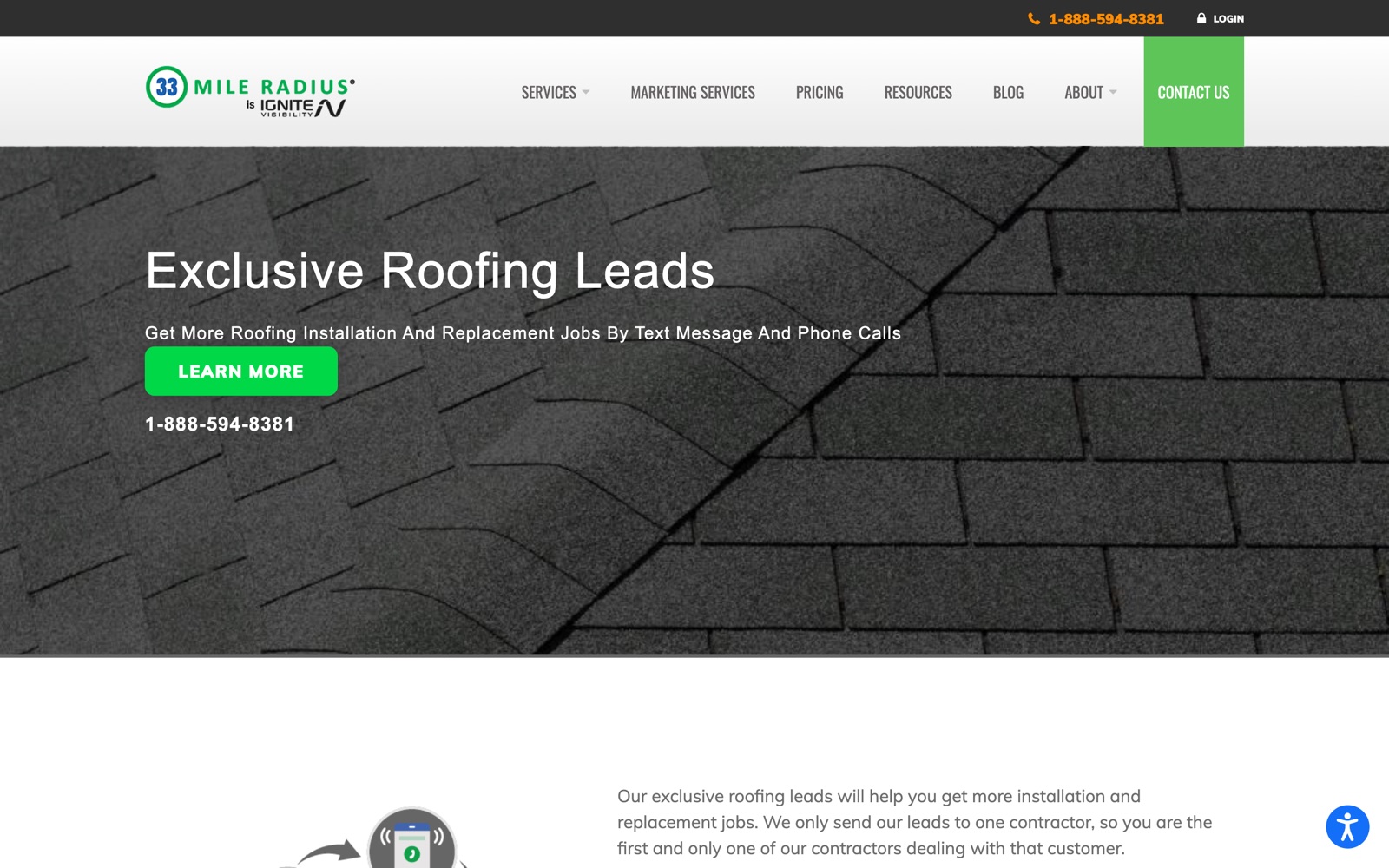 33 Mile Radius exclusive roofing leads page promising installation and replacement jobs by text message and phone call