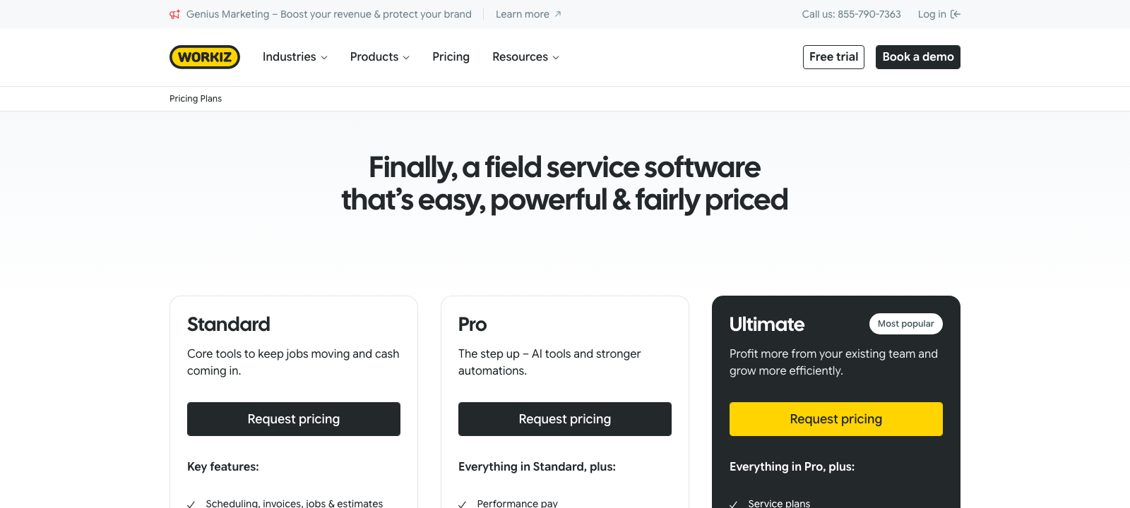 Workiz pricing page showing Standard, Pro, and Ultimate plans, each with a Request pricing button and no dollar amounts