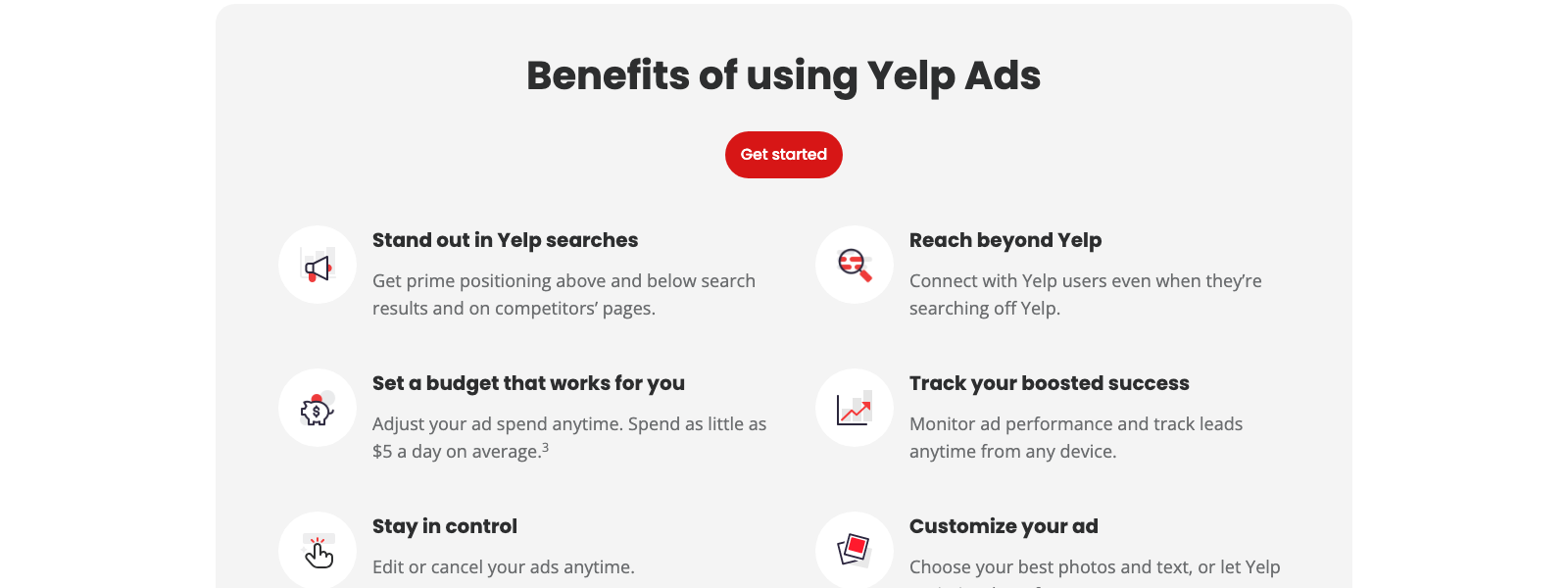 Yelp Ads benefits section listing prime positioning, a budget you set from $5 a day on average, cancel anytime, and reach beyond Yelp