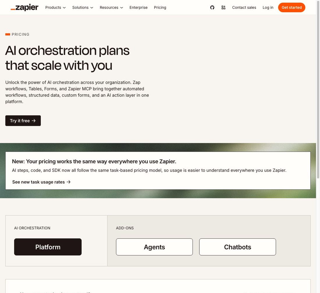 Zapier pricing page showing Free, Professional from $19.99 and Team from $69 a month on annual billing