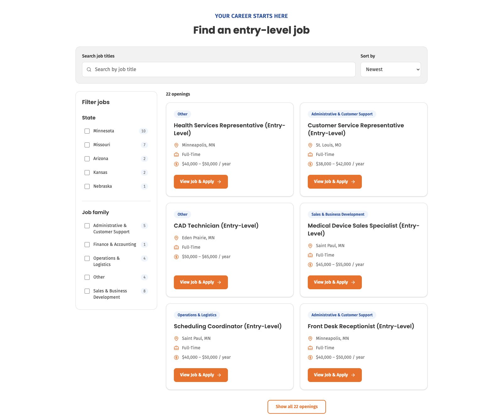 The candidates page with the open roles pulled live from the Breezy job board, searchable and filterable on the site
