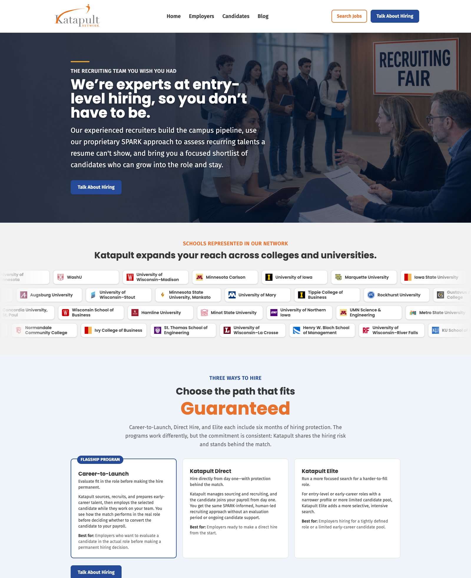 The employers page: the college network, the three hiring programs side by side, and the guarantee stated in plain terms