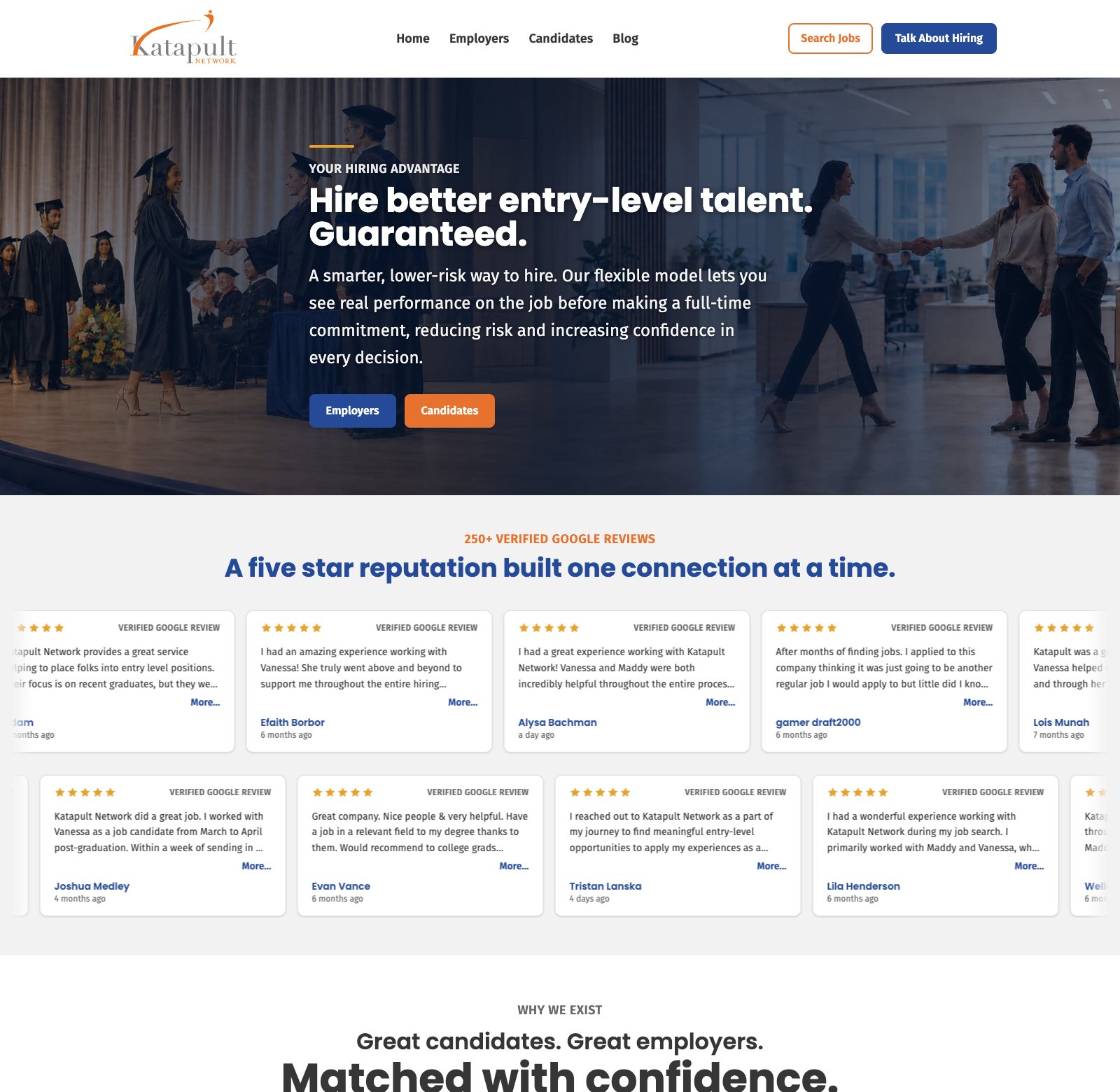 The new homepage: the guarantee in the headline, a wall of verified Google reviews, and a clean split between the employer and candidate paths