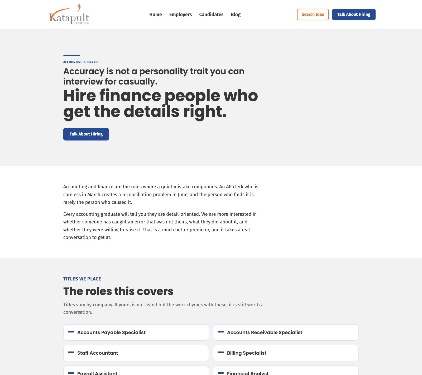 One of the four new role pages, accounting and finance, with the titles it covers and what the recruiters screen for