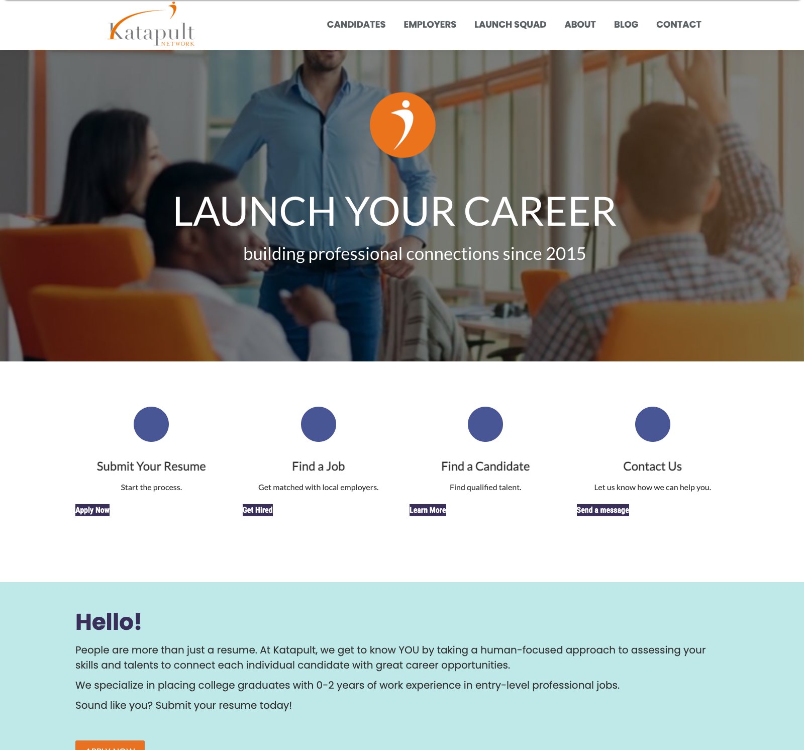 The old katapultnetwork.com as the Wayback Machine captured it in June 2024, the design it kept until late 2025: a stock hero, four generic icons, no reviews, no job board, and no H1 for search engines to read