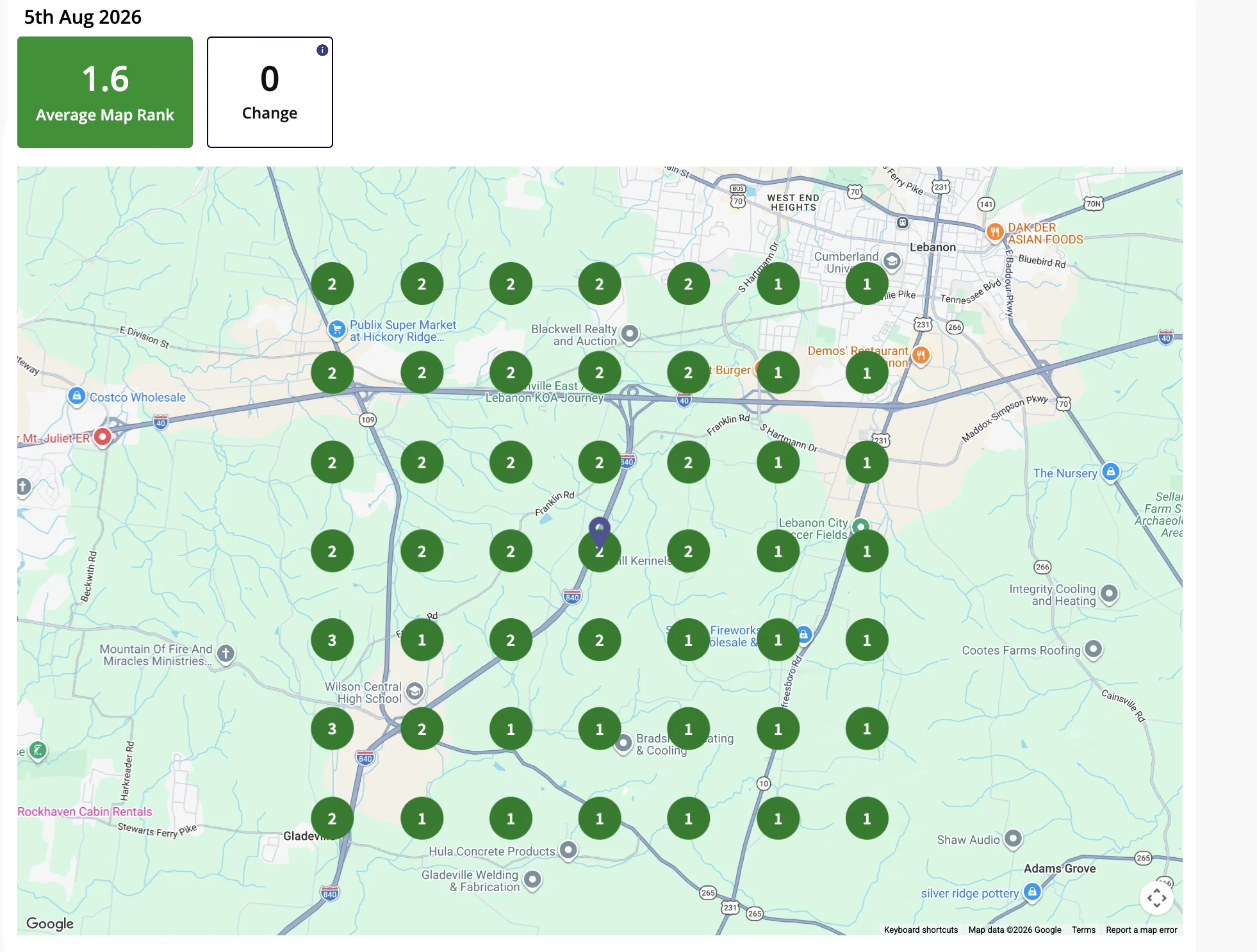 Local map-grid scan of Mama's Metal Roofing in August 2026 showing top-3 rankings across the entire market