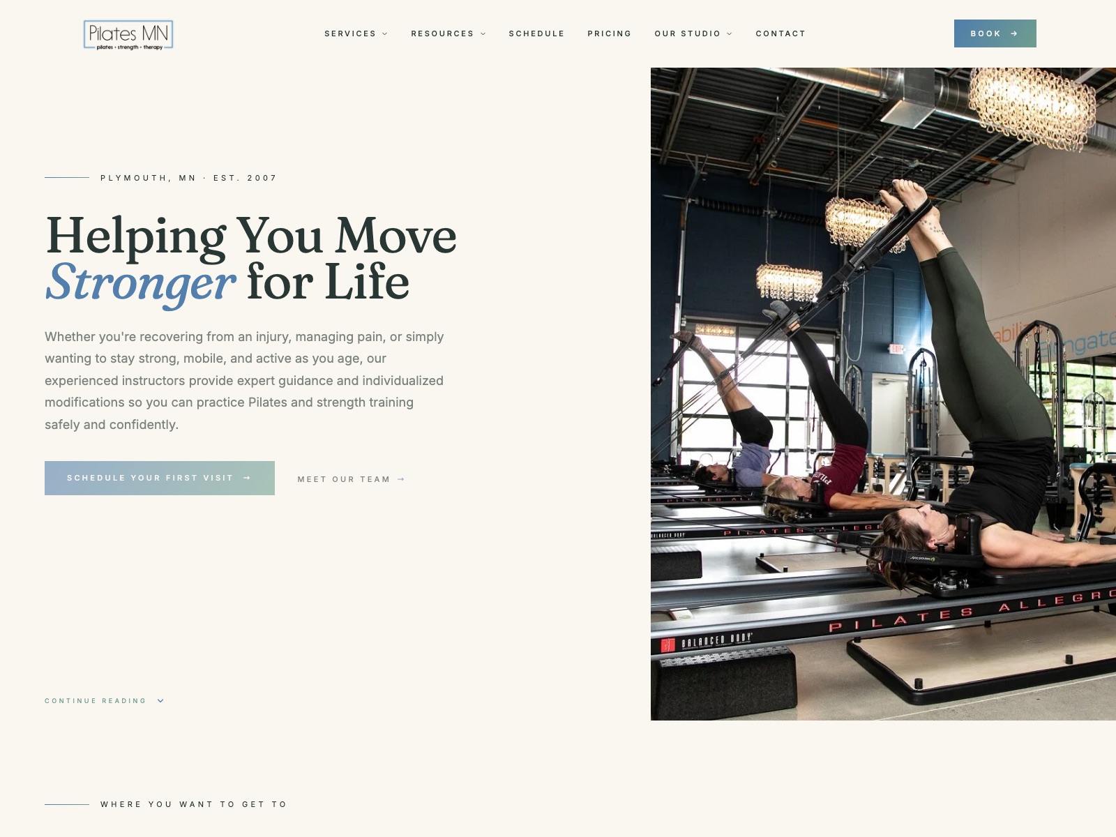The new pilatesmn.com: custom design, est. 2007 heritage front and center, real studio photography